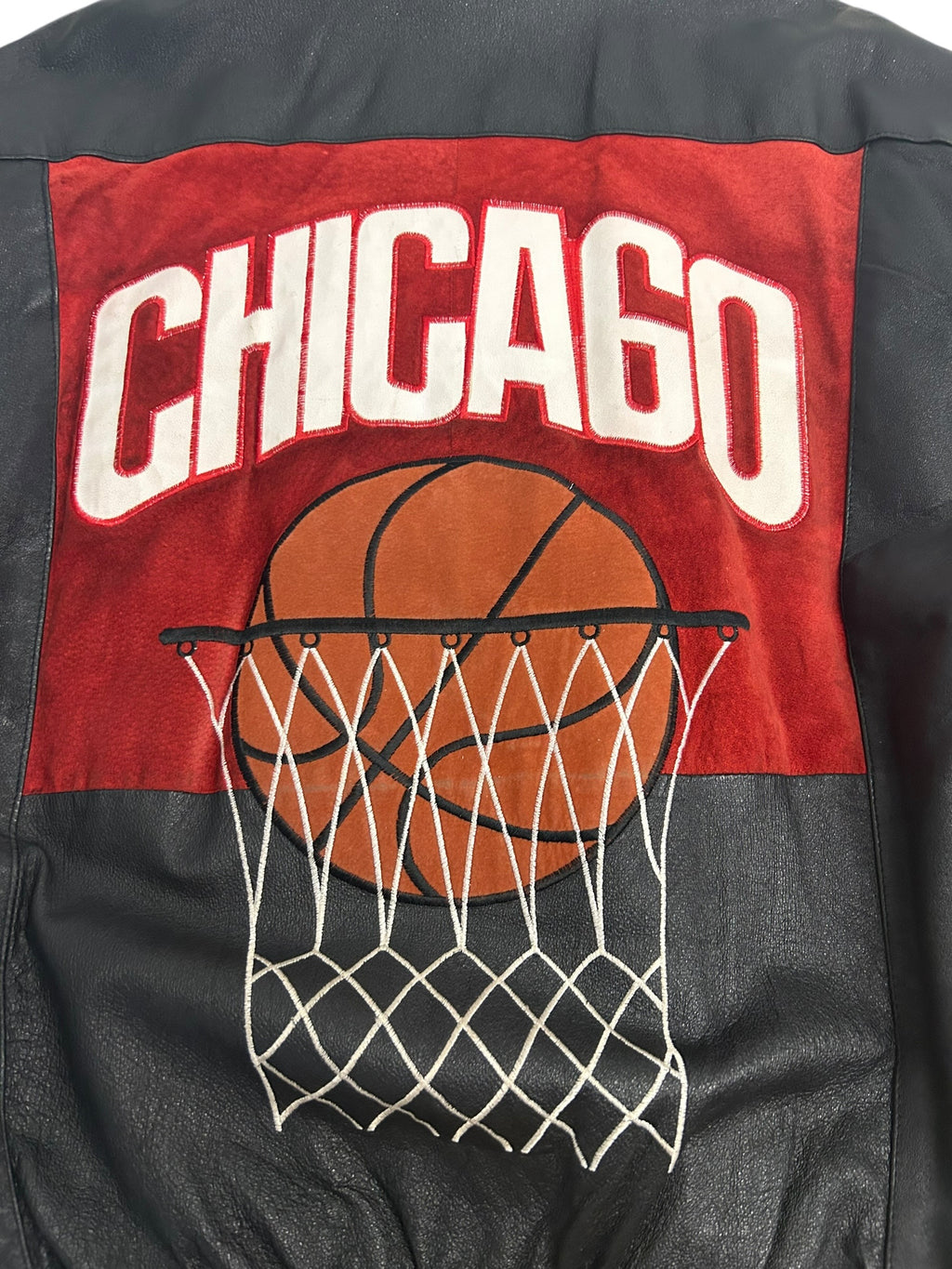 Vintage Chicago Basketball Leather Jacket – Black & Red – Size Large (23.5” P2P)