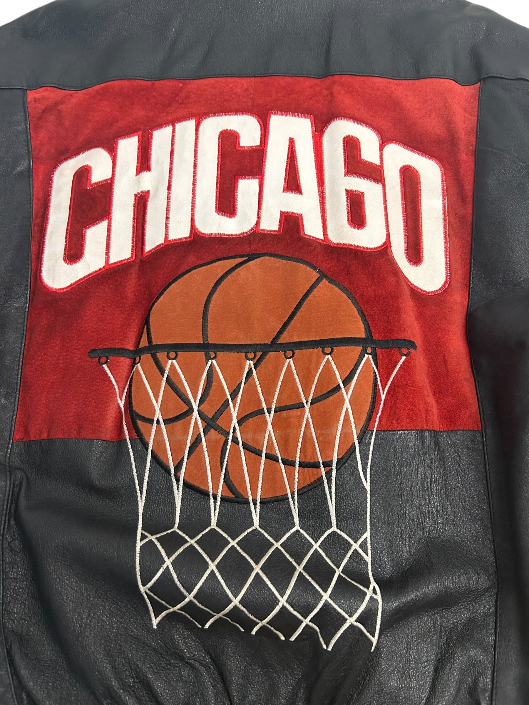 Vintage Chicago Basketball Leather Jacket – Black & Red – Size Large (23.5” P2P)