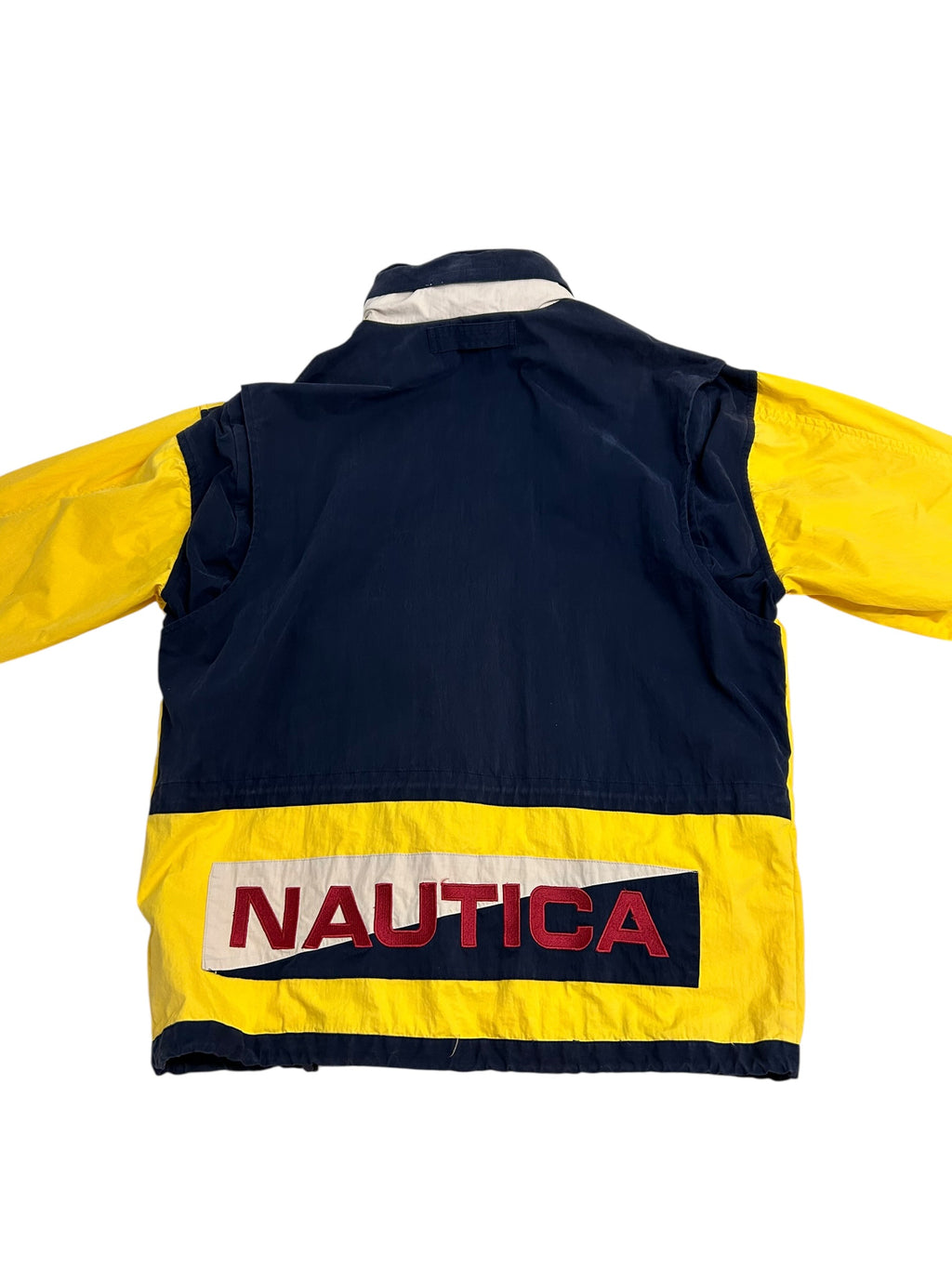 Vintage 90s Nautica Color Block Jacket – Yellow/Navy – Spell Out Back – Zip Off Sleeves – Size Large