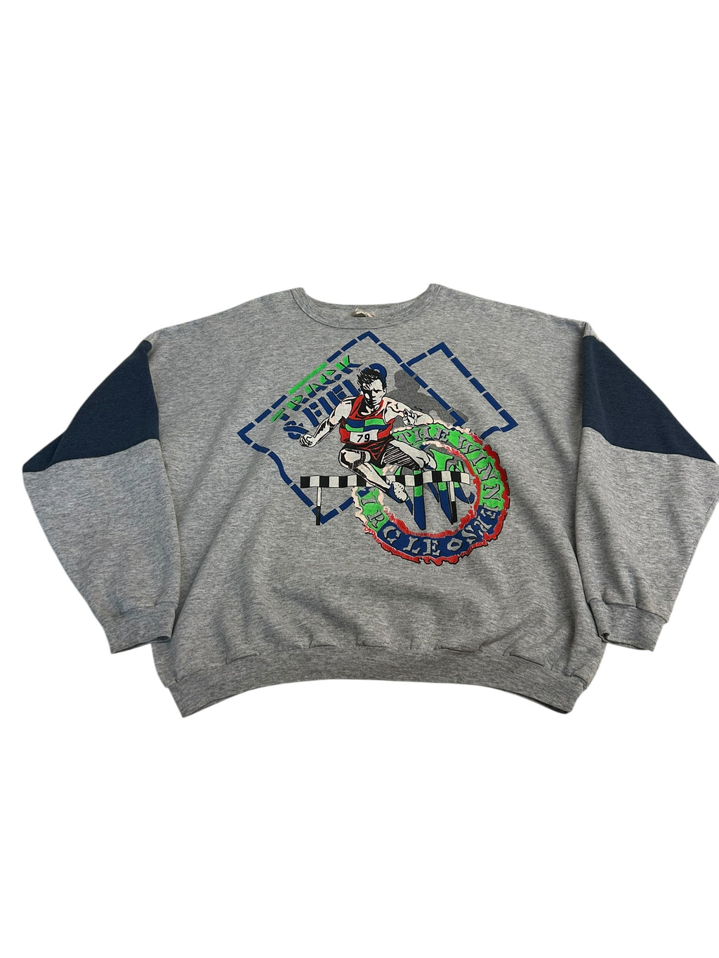 Vintage Track & Field Graphic Crewneck Sweatshirt – Grey Athletic Running Sweater – Size L/XL