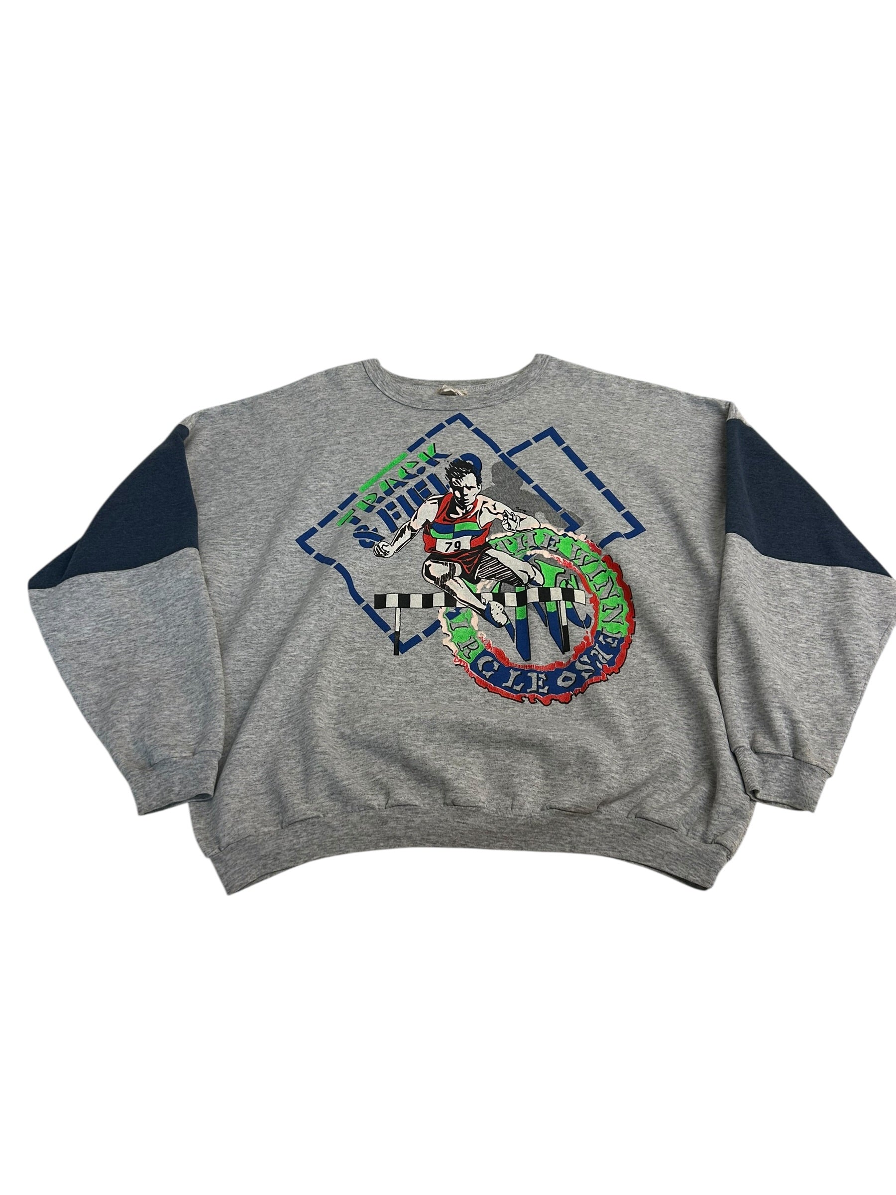 Vintage Track & Field Graphic Crewneck Sweatshirt – Grey Athletic Running Sweater – Size L/XL