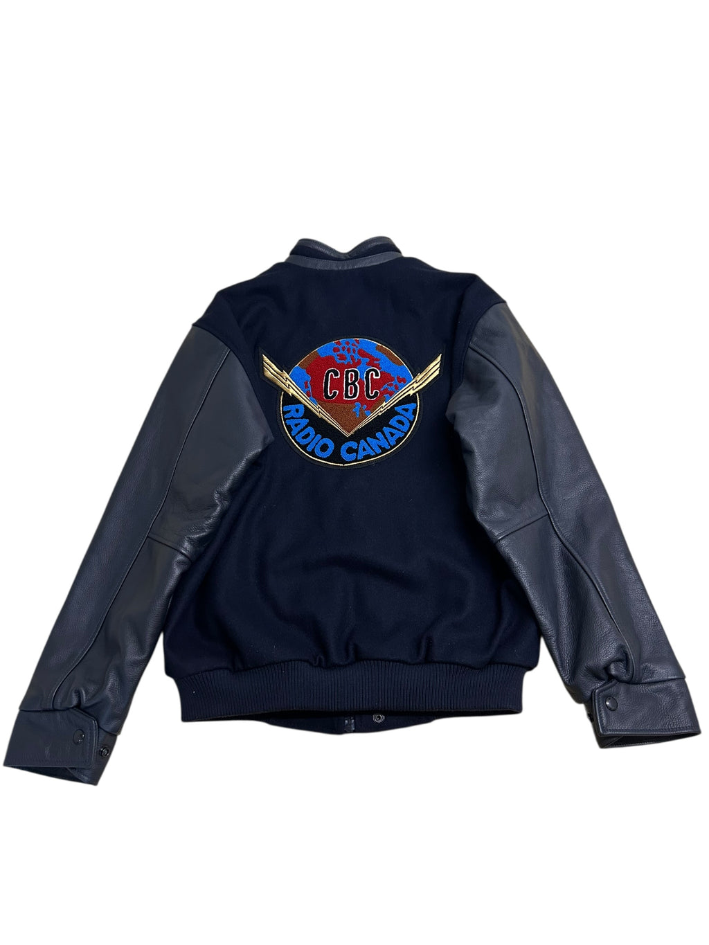 Vintage CBC Radio Canada Wool & Leather Varsity Jacket – Navy/Gray – Size Small – Mint Condition