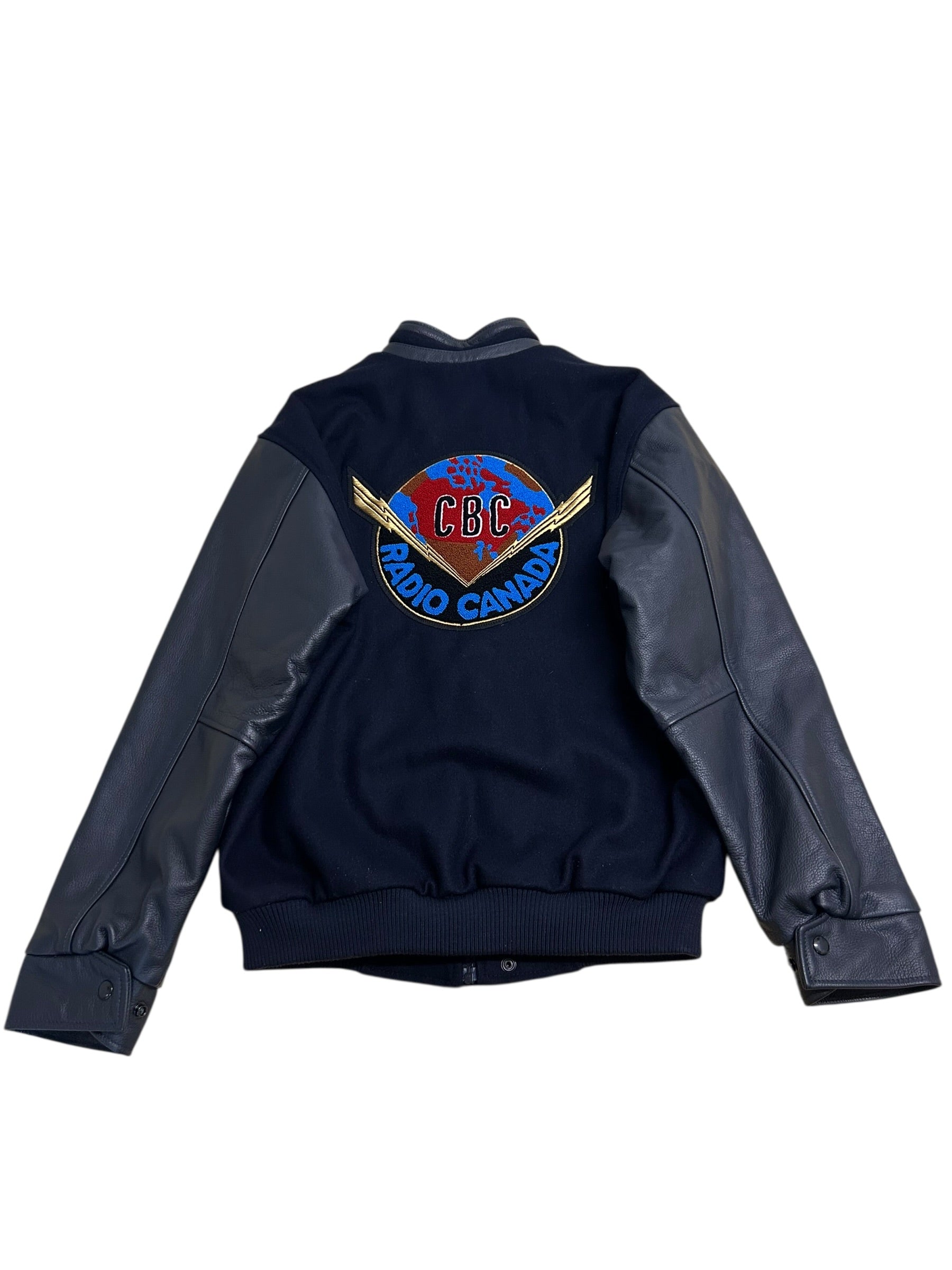 Vintage CBC Radio Canada Wool & Leather Varsity Jacket – Navy/Gray – Size Small – Mint Condition