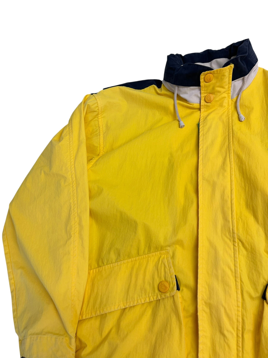 Vintage 90s Nautica Color Block Jacket – Yellow/Navy – Spell Out Back – Zip Off Sleeves – Size Large