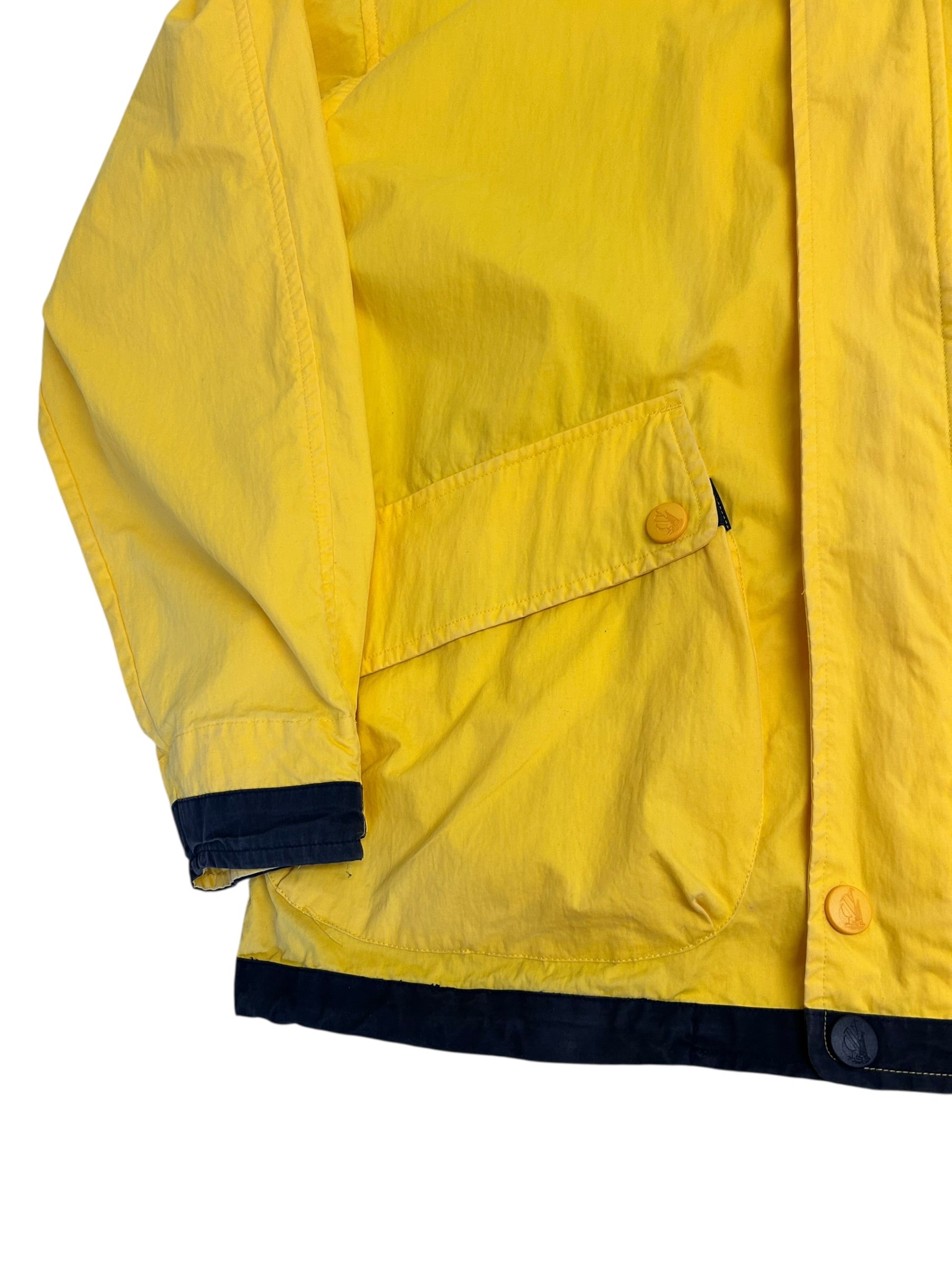 Vintage 90s Nautica Color Block Jacket – Yellow/Navy – Spell Out Back – Zip Off Sleeves – Size Large