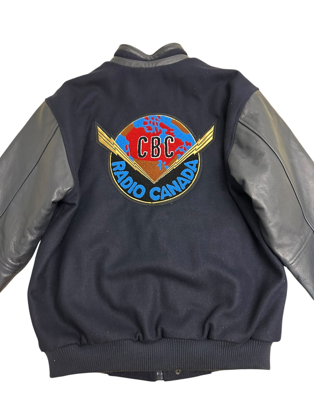 Vintage CBC Radio Canada Wool & Leather Varsity Jacket – Navy/Gray – Size Small – Mint Condition