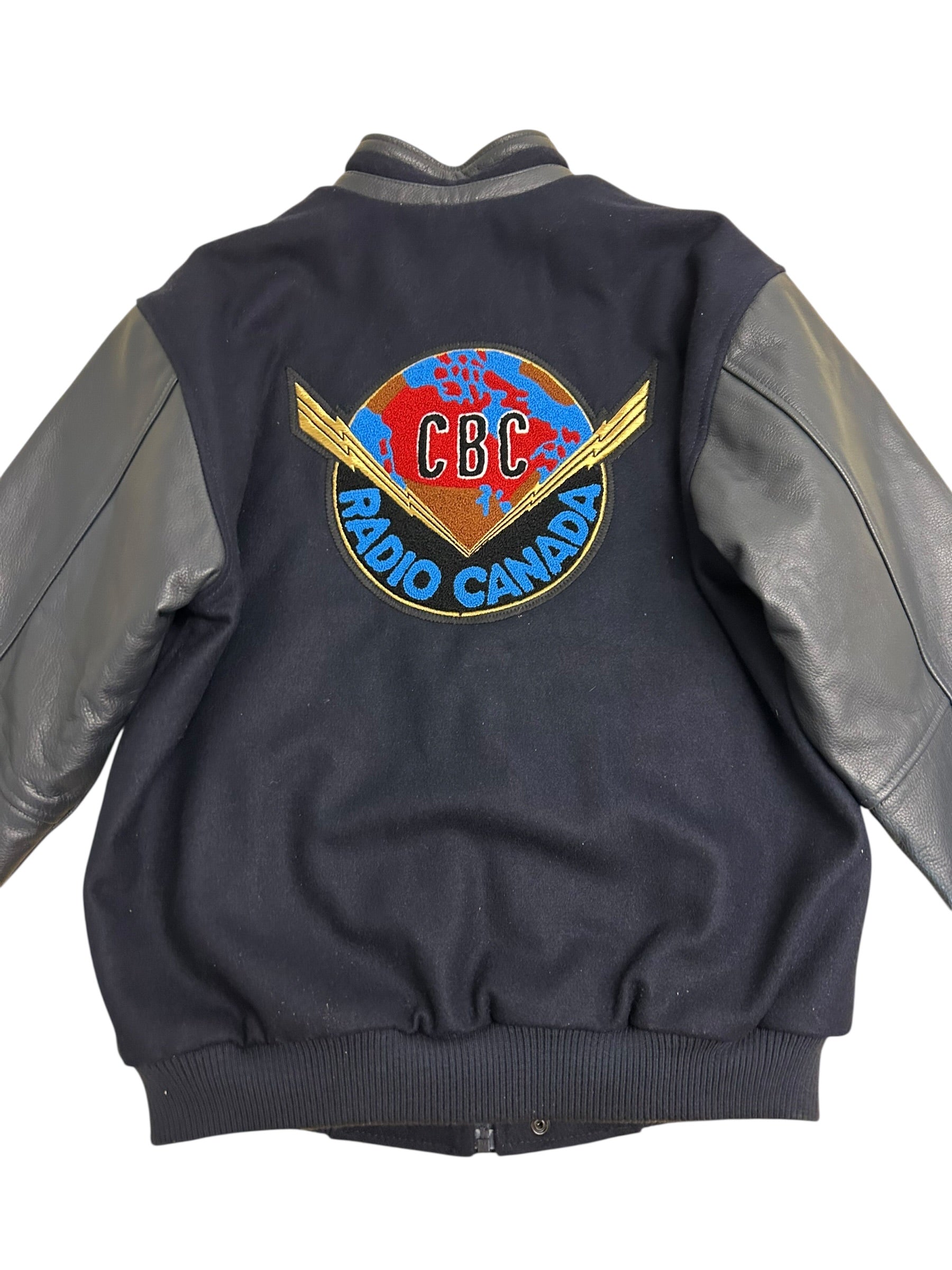 Vintage CBC Radio Canada Wool & Leather Varsity Jacket – Navy/Gray – Size Small – Mint Condition
