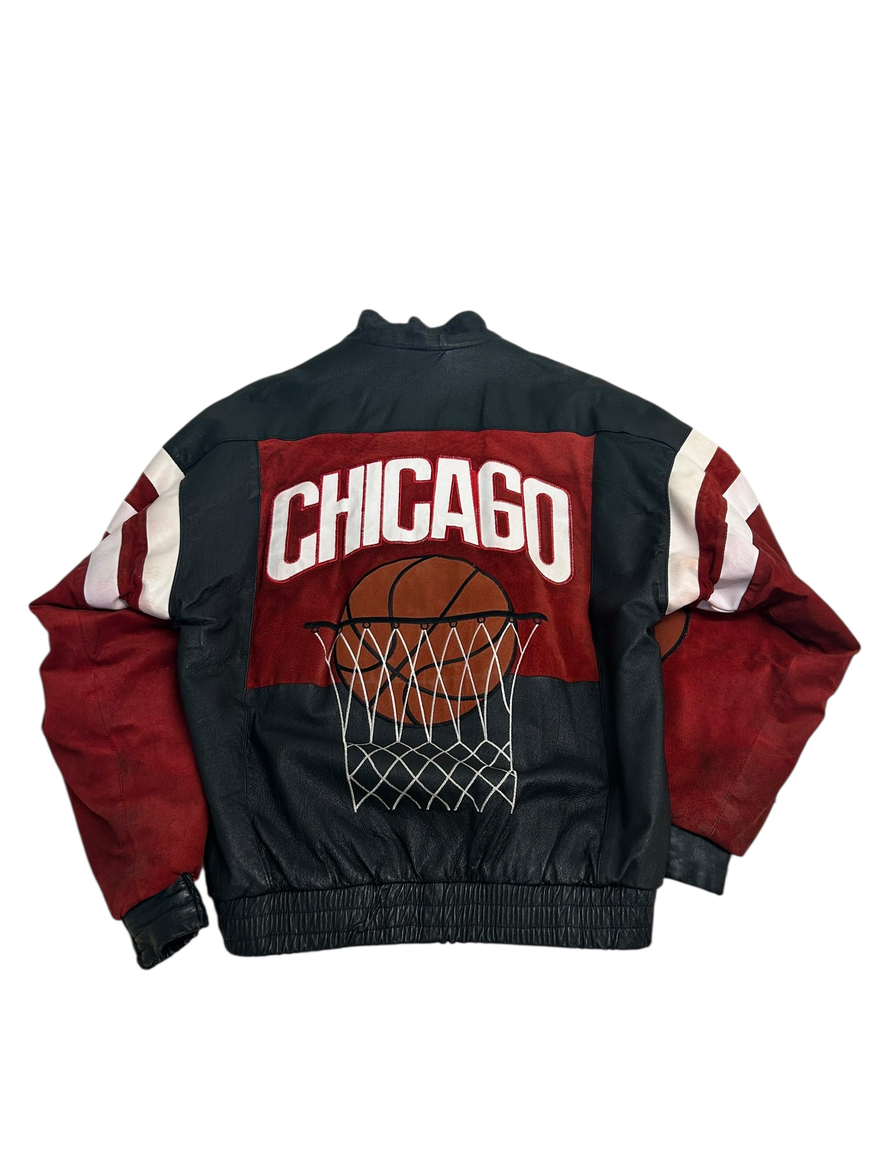 Vintage Chicago Basketball Leather Jacket – Black & Red – Size Large (23.5” P2P)
