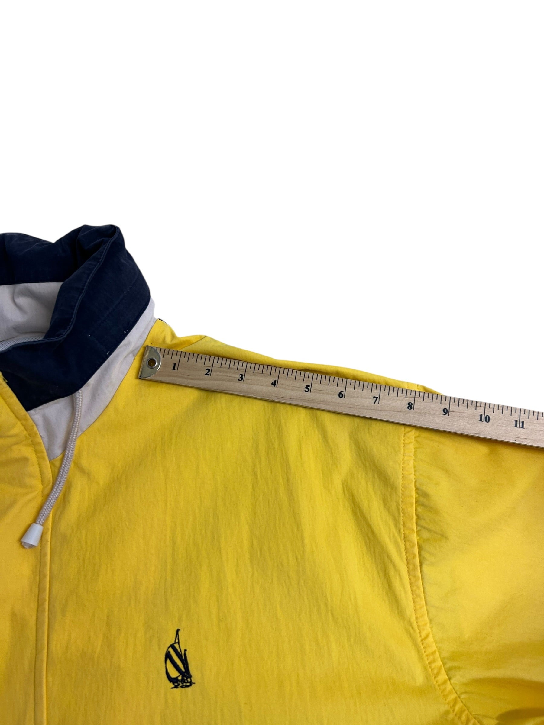 Vintage 90s Nautica Color Block Jacket – Yellow/Navy – Spell Out Back – Zip Off Sleeves – Size Large
