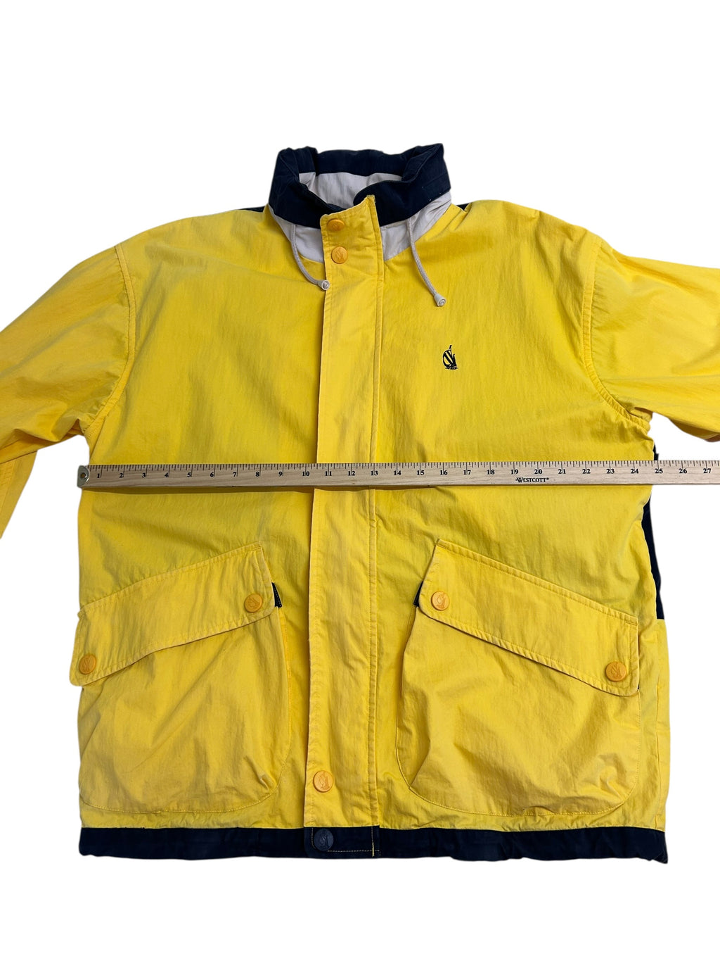 Vintage 90s Nautica Color Block Jacket – Yellow/Navy – Spell Out Back – Zip Off Sleeves – Size Large