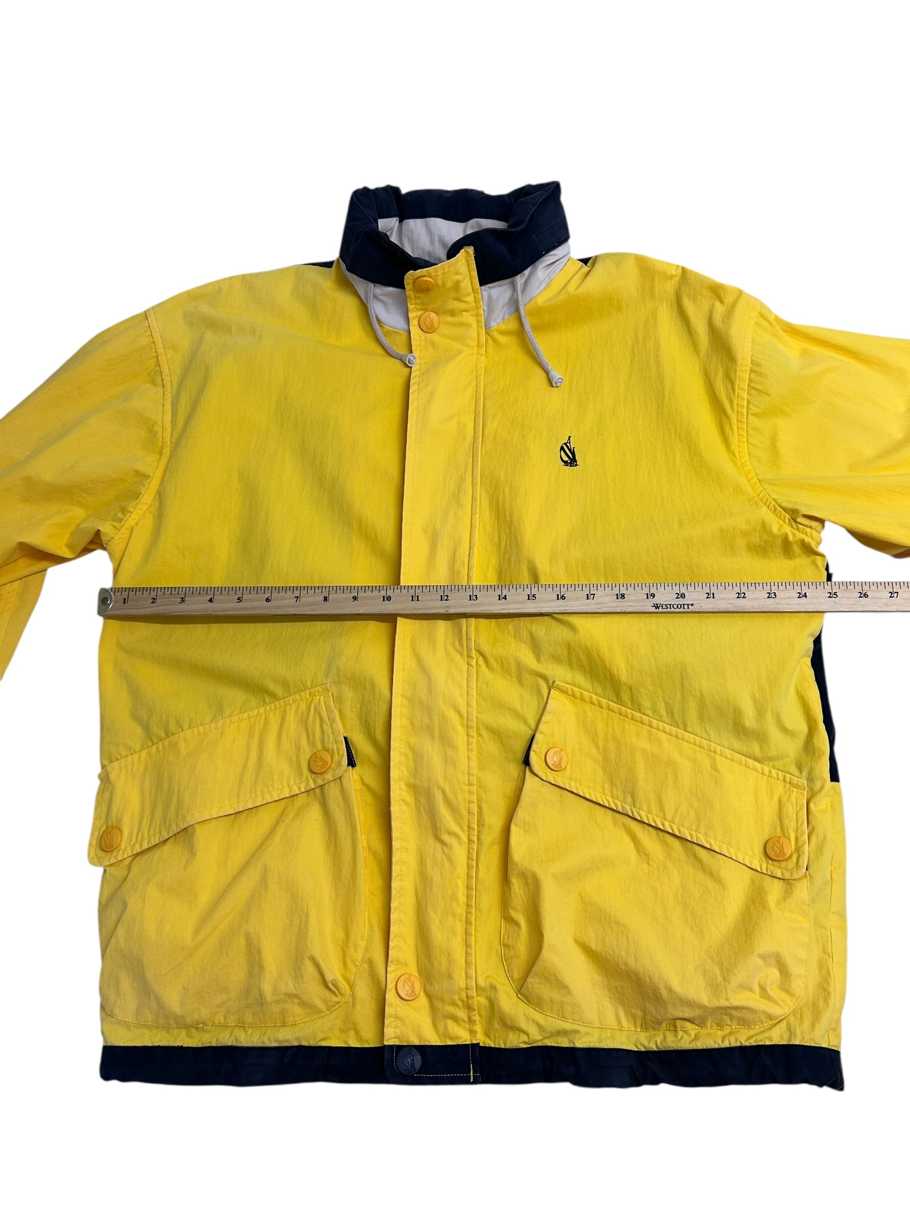 Vintage 90s Nautica Color Block Jacket – Yellow/Navy – Spell Out Back – Zip Off Sleeves – Size Large