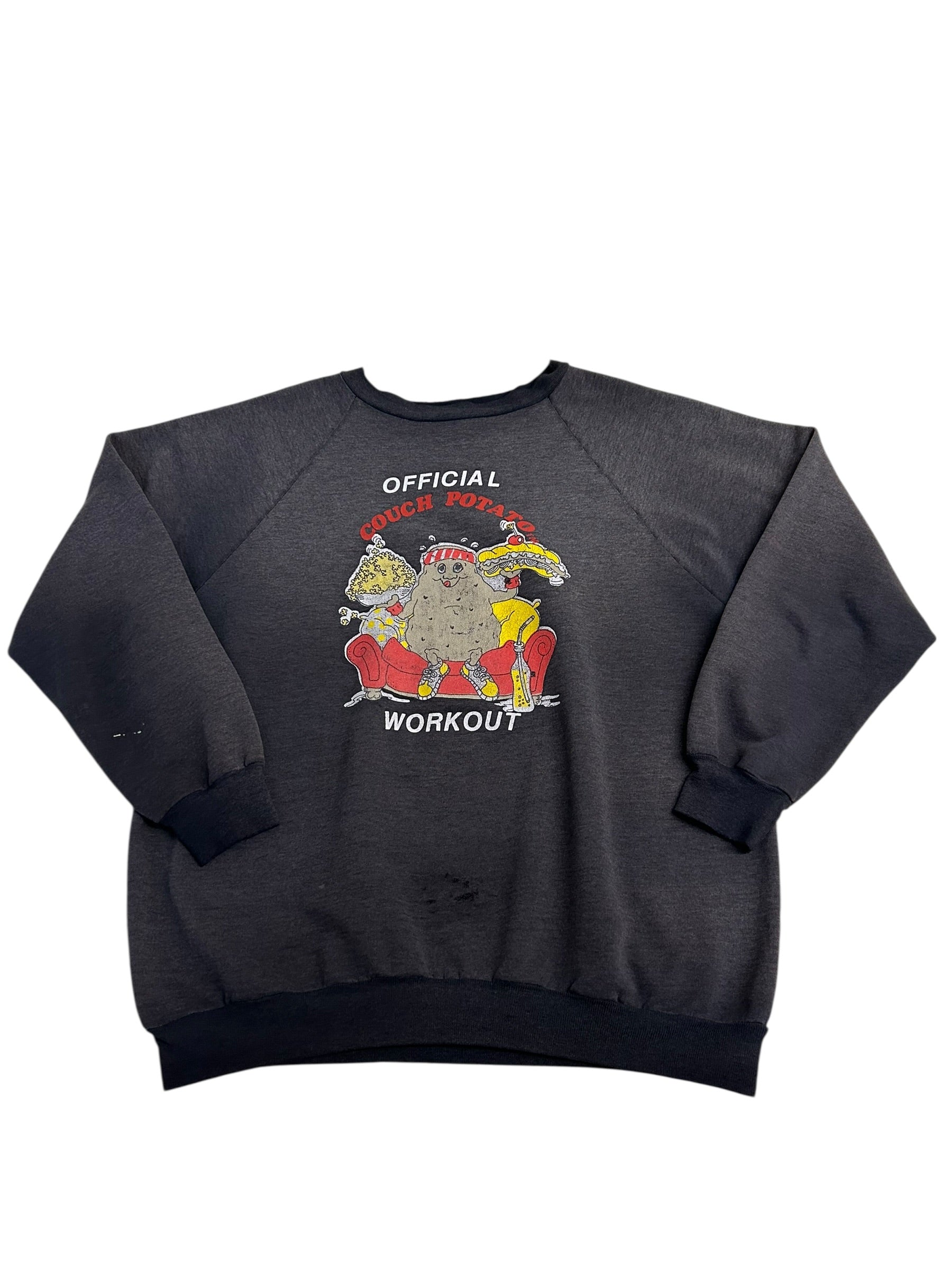 Vintage “Official Couch Potato Workout” Graphic Sweatshirt – Distressed Novelty Crewneck – Size Large