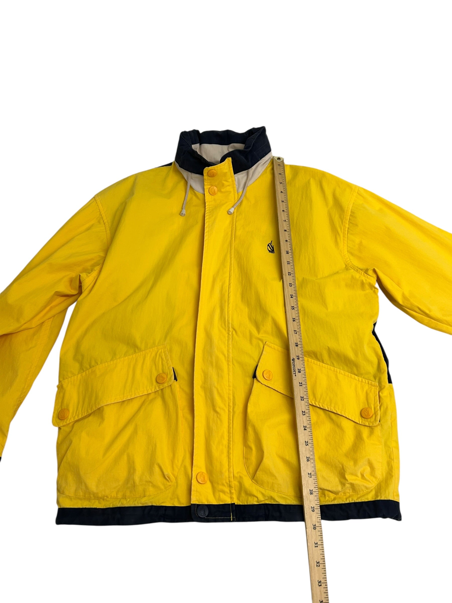 Vintage 90s Nautica Color Block Jacket – Yellow/Navy – Spell Out Back – Zip Off Sleeves – Size Large
