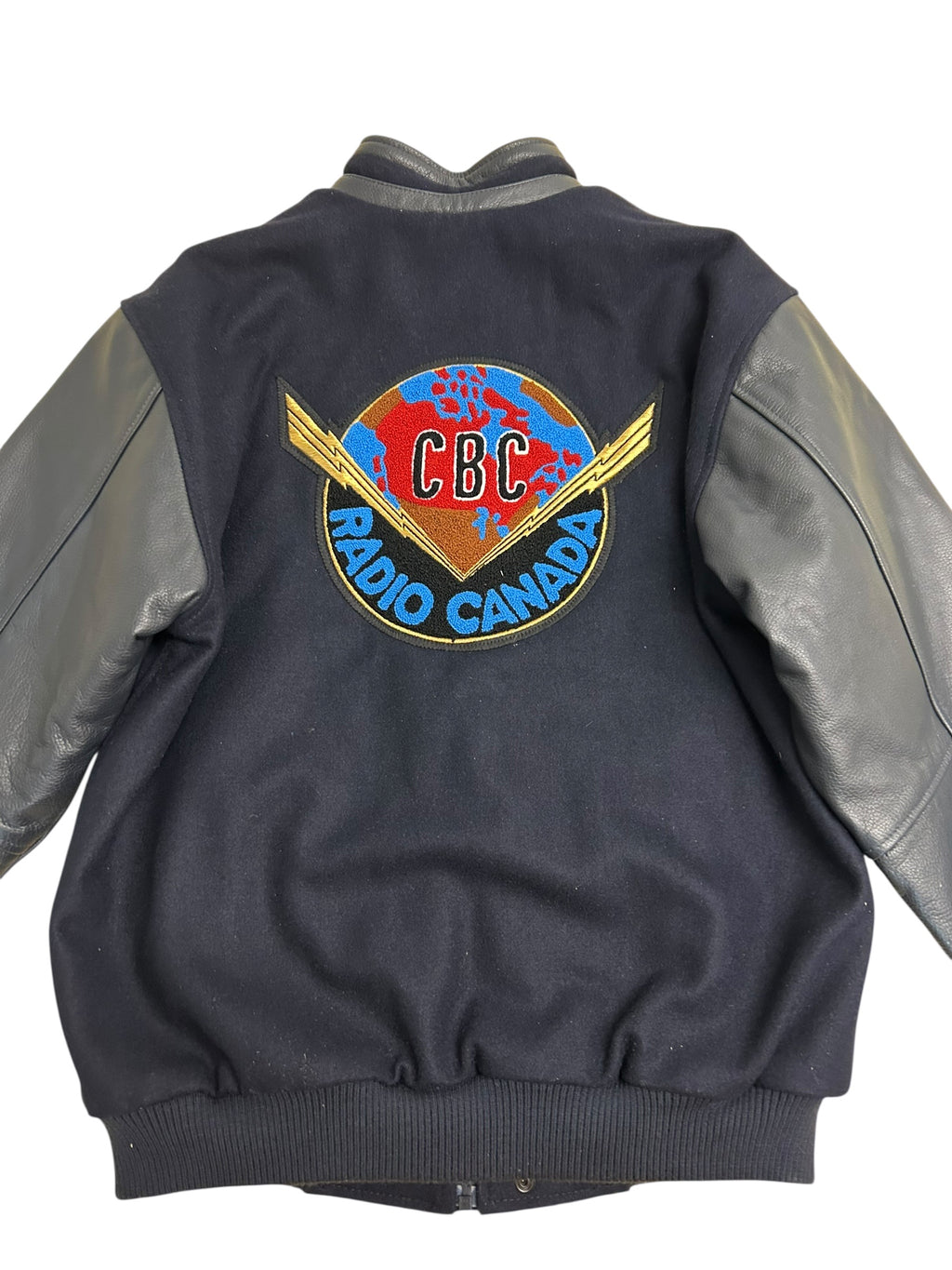 Vintage CBC Radio Canada Wool & Leather Varsity Jacket – Navy/Gray – Size Small – Mint Condition