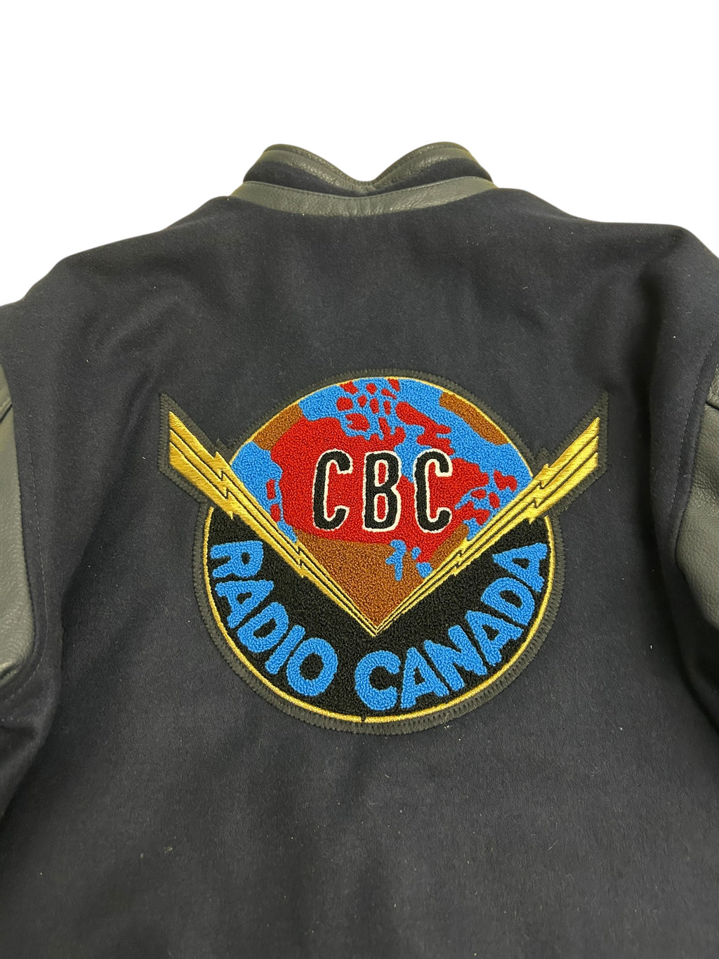 Vintage CBC Radio Canada Wool & Leather Varsity Jacket – Navy/Gray – Size Small – Mint Condition