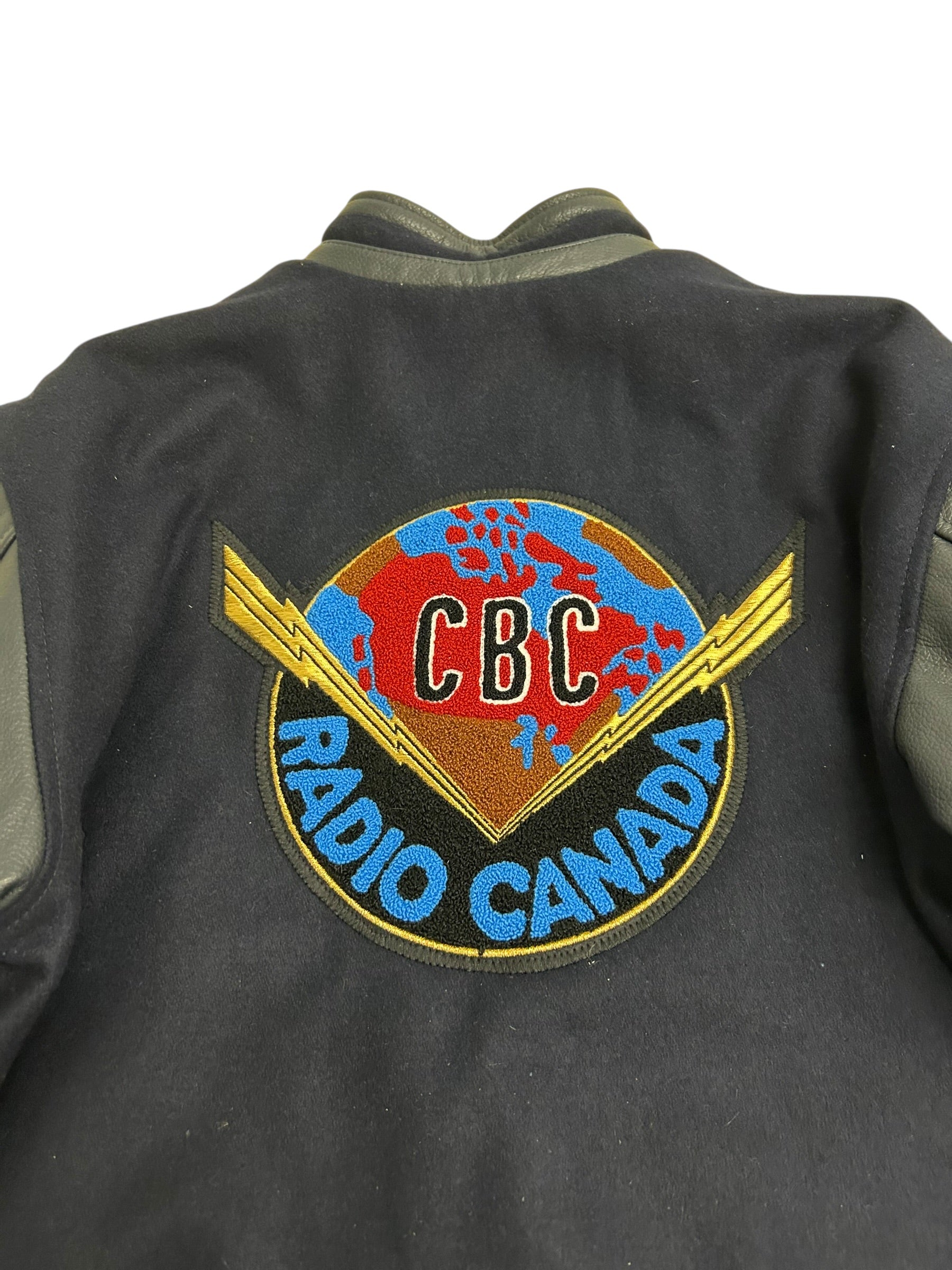 Vintage CBC Radio Canada Wool & Leather Varsity Jacket – Navy/Gray – Size Small – Mint Condition