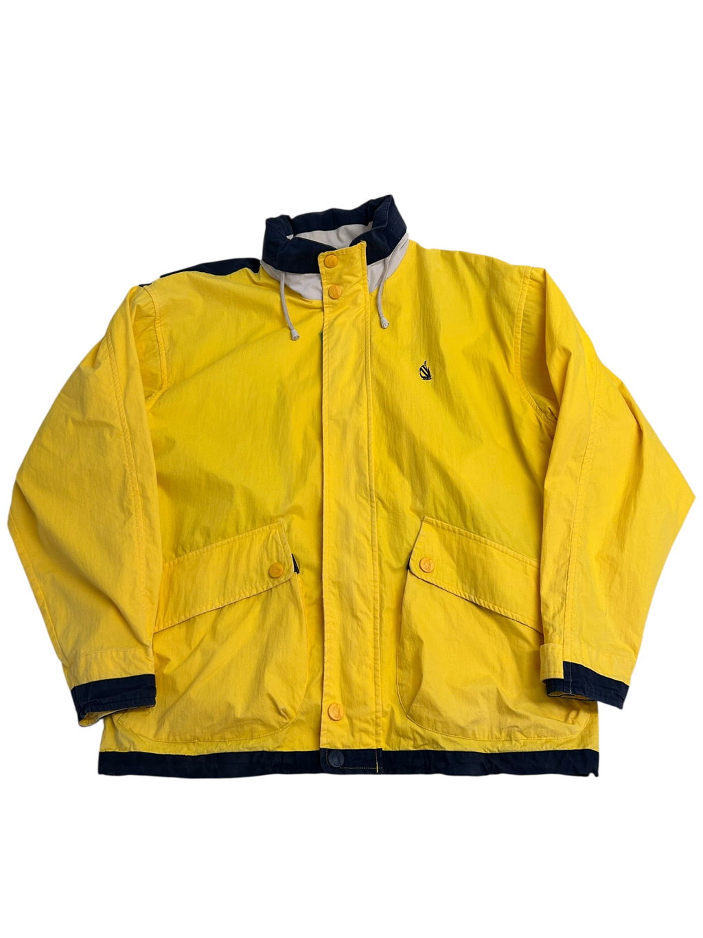 Vintage 90s Nautica Color Block Jacket – Yellow/Navy – Spell Out Back – Zip Off Sleeves – Size Large