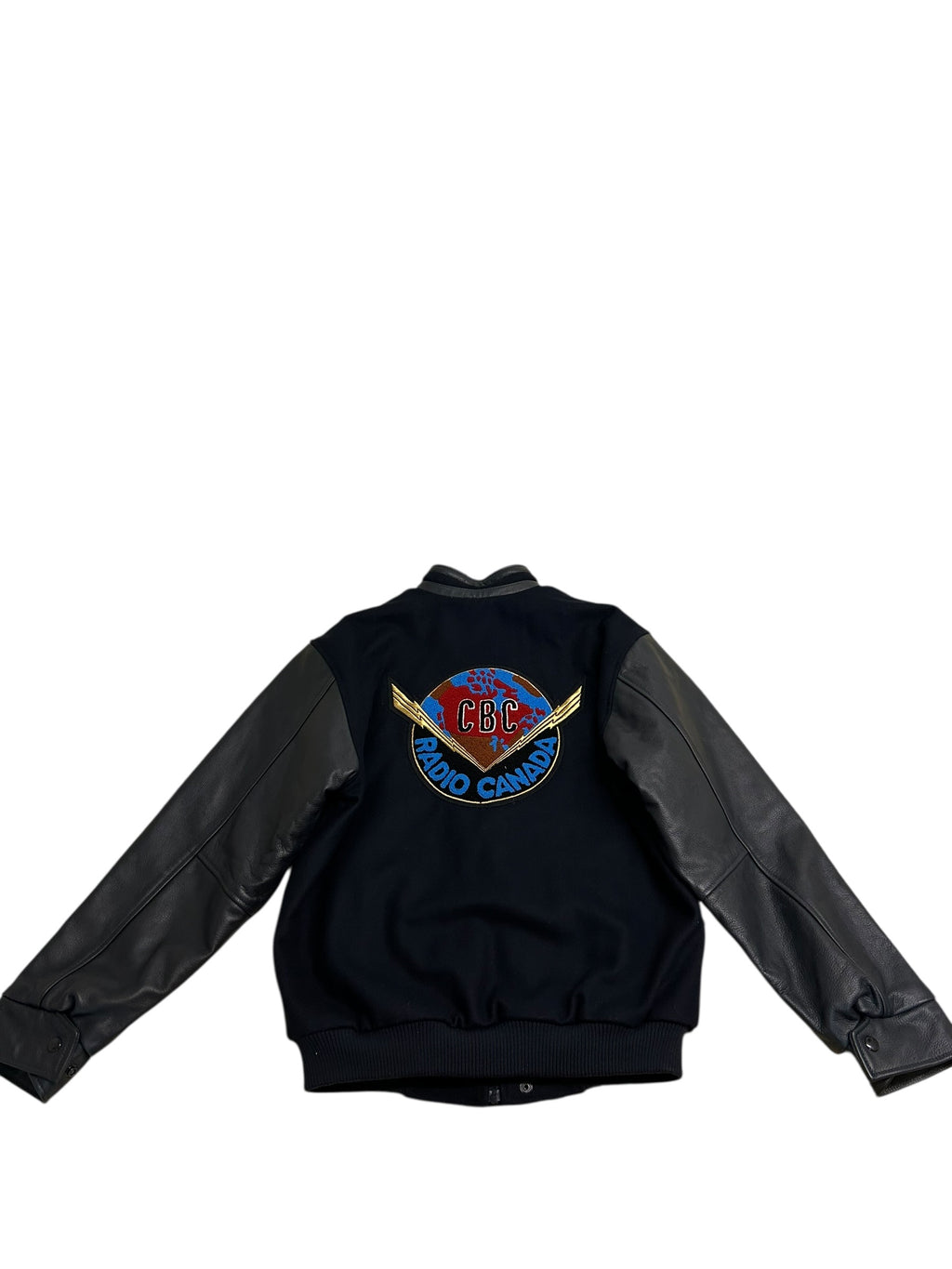 Vintage CBC Radio Canada Wool & Leather Varsity Jacket – Navy/Gray – Size Small – Mint Condition