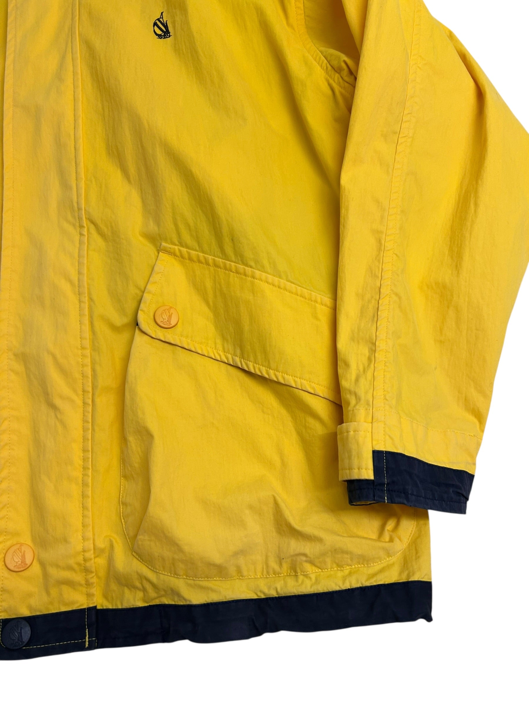 Vintage 90s Nautica Color Block Jacket – Yellow/Navy – Spell Out Back – Zip Off Sleeves – Size Large