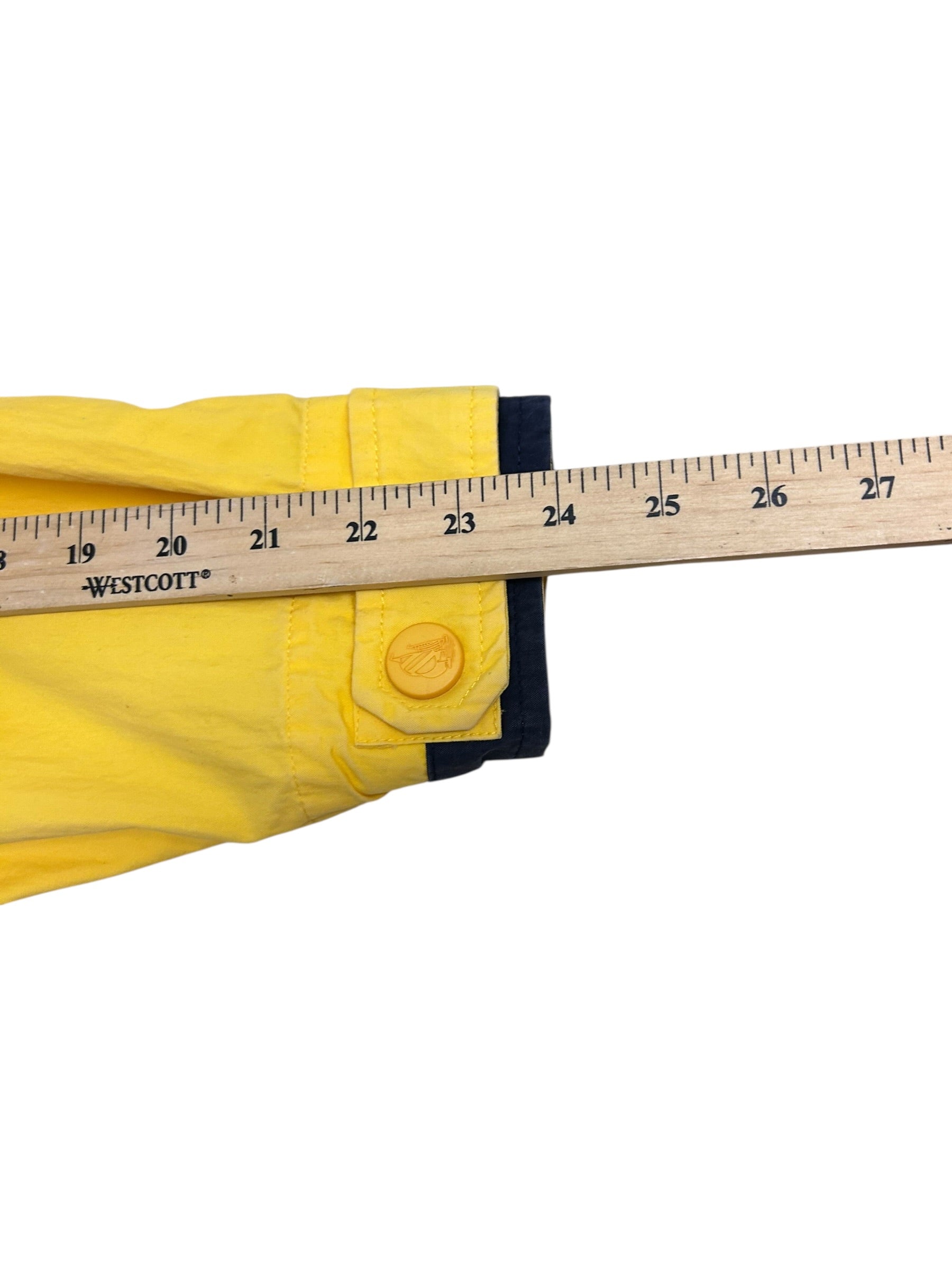 Vintage 90s Nautica Color Block Jacket – Yellow/Navy – Spell Out Back – Zip Off Sleeves – Size Large
