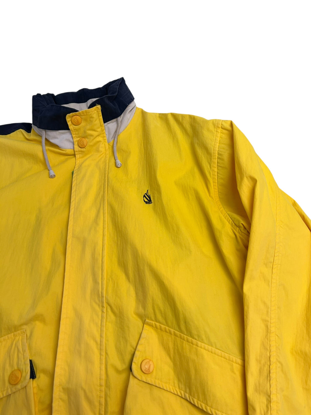 Vintage 90s Nautica Color Block Jacket – Yellow/Navy – Spell Out Back – Zip Off Sleeves – Size Large